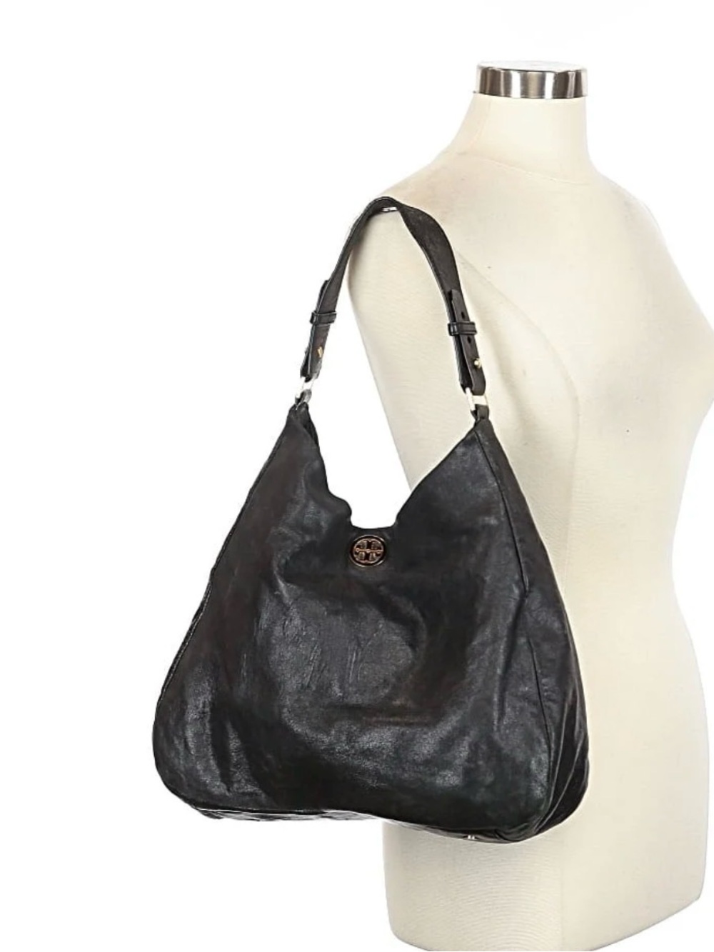 Tory Burch Black Leather Hobo Shoulder Bag with Logo Medallion